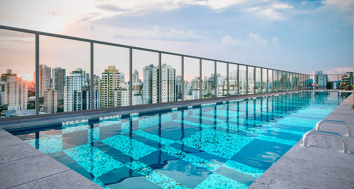 Piscina no rooftop - perspectiva ilustrada (área comum do condomínio)